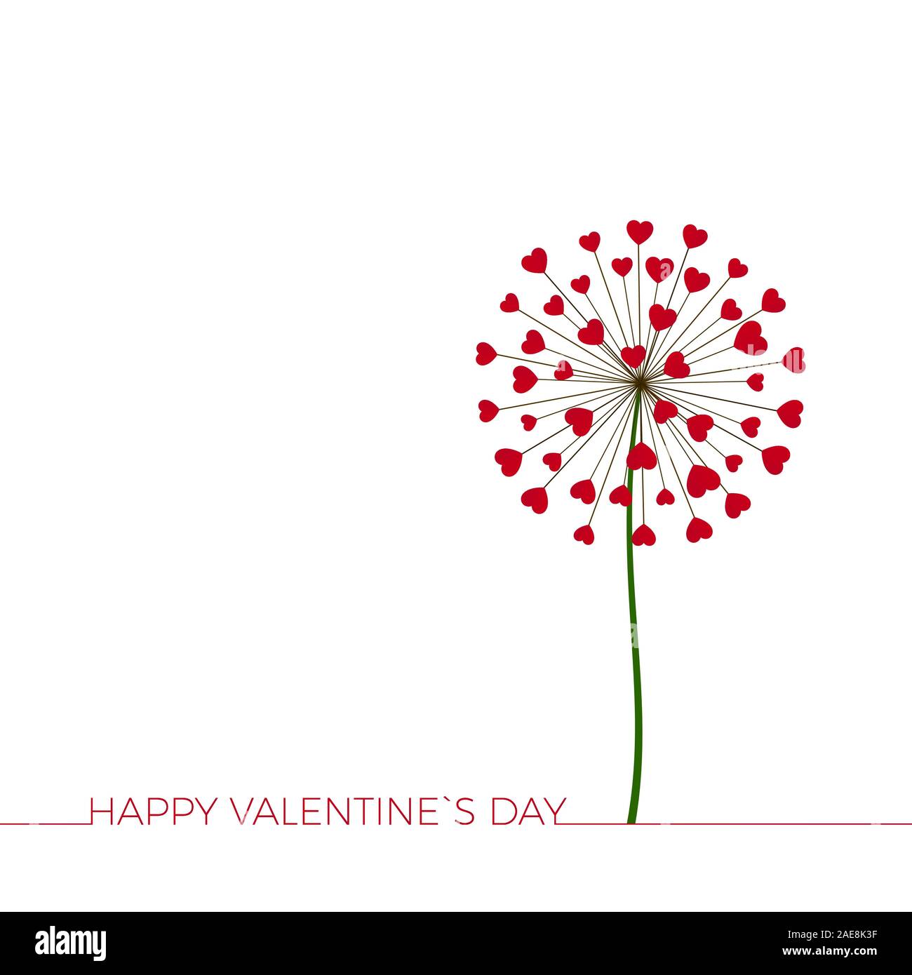 Dandelion with hearts. Happy Valentine`s day greeting card. Lovely romance flower. Congratulation with Love. Vector Stock Vector